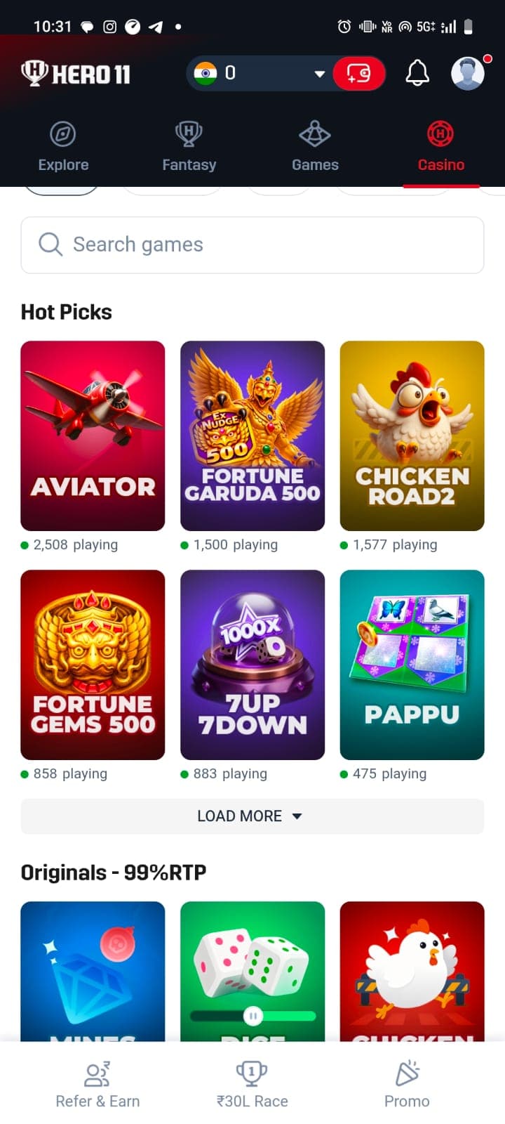 Hero11 Casino tab interface screenshot displaying Hot Picks games grid with player counters and search bar