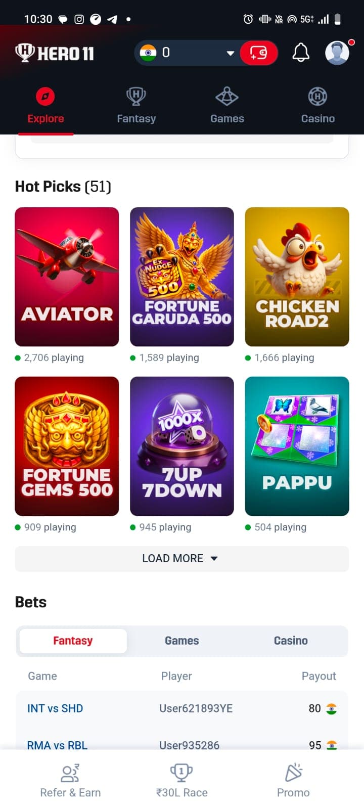 Hero11 Explore section showing Hot Picks list and live payout activity ticker across Fantasy, Games, and Casino