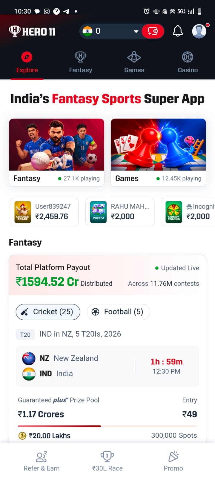Hero11 Super App interface banner showing fantasy cricket and football modules