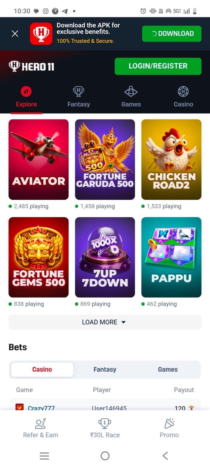 Hero11 mobile interface with top download APK notification banner and green Login/Register button
