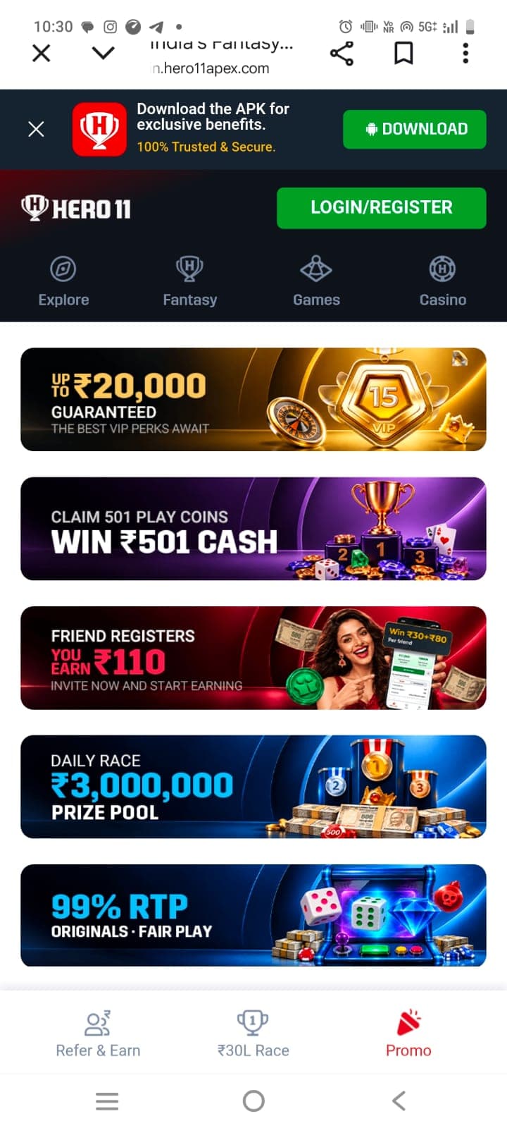 Hero11 Promo section showing five promotional banners including ₹20,000 VIP perks, 501 play coins, and ₹30L daily race