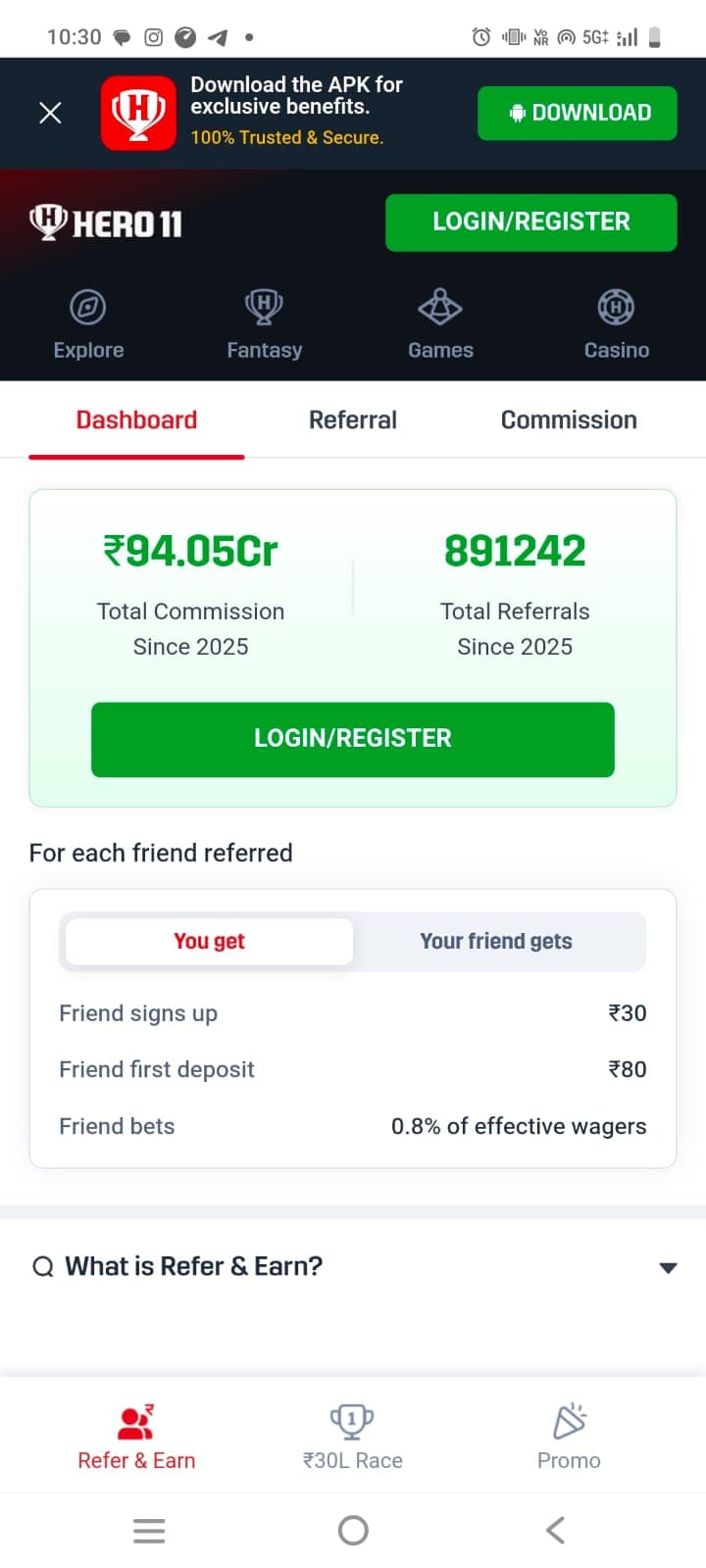 Hero11 Refer & Earn dashboard displaying commission tiers, friend signup bonus, and wager percentage structure