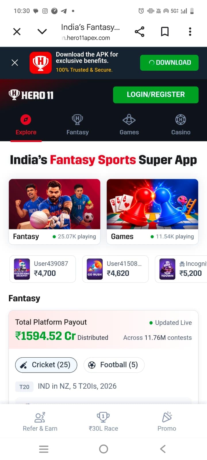 Hero11 Explore view displaying game cards, player winner notifications, and fantasy sports contest listings